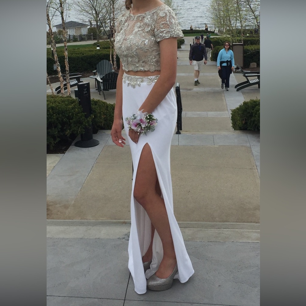 Morrell Maxie Silver Beaded Crop Top with White High-Slit Skirt